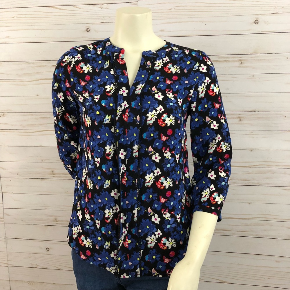 Talbots blue floral & butterfly blouse